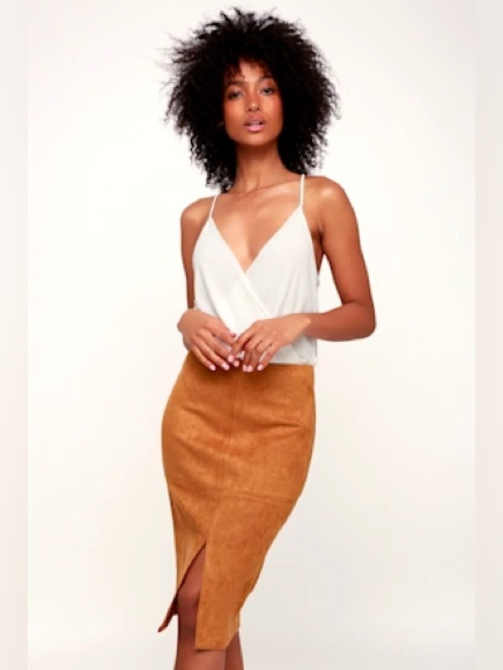 Lulus Suede Look Pencil Skirt in Camel - M
